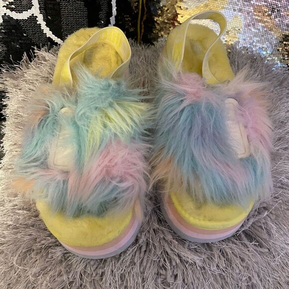 Sz 10 ugg disco fur  fluff slippers unicorn pastel tie dye slingback shoe - Picture 3 of 9